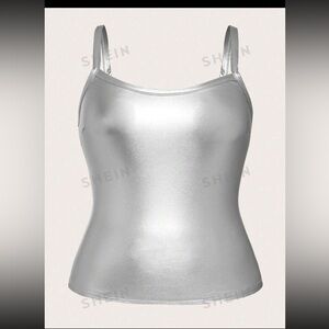 SHEIN ICON Plus Solid PU Leather Silver Cami Top